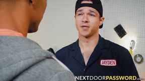 Black Aj Sloan gobbles on the enormous dick of hunk Jayden Marco before a hot interra