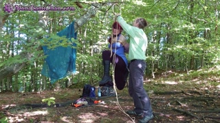 Shibari “Running Girl” pose in public forest, spanking &amp; humiliating