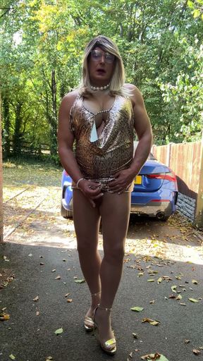 Sexy Crossdresser kellycd2022 in gold leopard print dress tan pantyhose and heels s   Clip 2