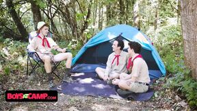 Boys At Camp - Two Scout Leaders Welcum The New Scout Boy At The Campsite