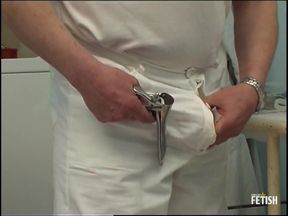 Kinky chubby doctor masturbates using medical instruments