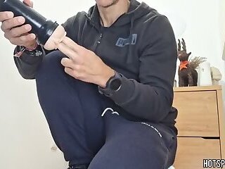 Risky Fleshlight Fuck at Friend's House - Big Hard Cock cum inside- Licking toy Finger Ass