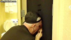 Gloryhole amateur DILF sucks and wanks BFs penis at home