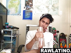 Tattooed Latino twink tugs his fat dick till eruption