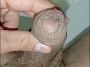 Desperate young man pissing, morning erection, close-up