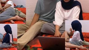 Hijab Girl College Handjob Dick While Doing College Assignment with Her Friend