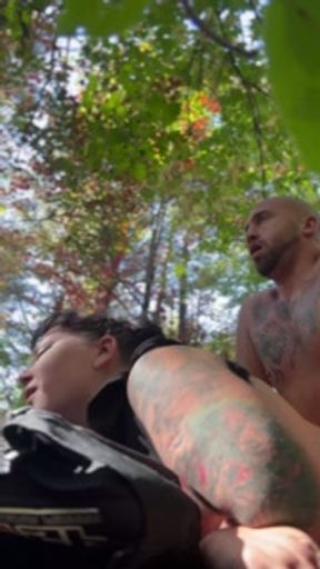 Riding the bull in the woods pounding pussy for double organisms