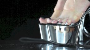 Feet licking slave with sexy leather dominatrix in high heels - VULVA Original scent