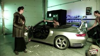 Rich british milf rewards the mechanics fixing her car by giving them both sloppy blowjobs