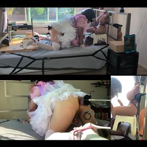 Pink Satin Sissy Maid Gets Fucked by Her Fucking Machine and Plays with Her Sex Toy Doll