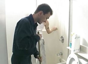 White gay couple cock sucking in the bathroom