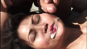 Little Asian slut takes two big dicks in her mouth, ass, and pussy