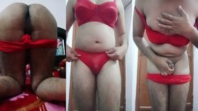 indian gay crossdresser gaurisissy pressing her big boobs and fingering in her ass in red honeymoon lingerie hard bdsm sex