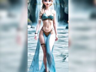 The queen of ice now embraces the water. Draped in flowing blue silk and golden ornaments, Elsa moves like a bitch goddess between waves, mixing elegance, dream, and pure seduction.