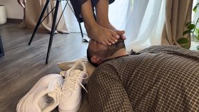 Sweaty foot Domination with white french pedicure and toe rings