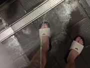 Pissing on Shower Gym. Big White Cock Pissing on Locker Room.