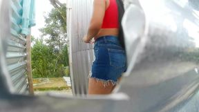 Nurse recorded by camera amteur in outdoor dressing room