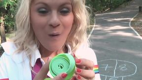 Gorgeous Young Blonde Blows Bubble Gum And Swallows Cum From Stranger In The Park