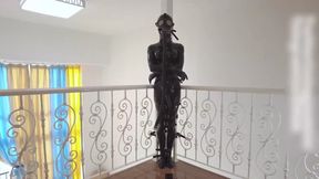 Leather bondage, straitjacket, gag, mask, vibrating orgasm, full-body leather suit