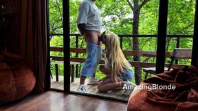 Luxury hotel, wild forest and juicy blowjob by the glass