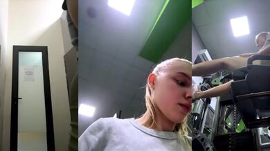 Public masturbation: horny beauty in the FIT gym massages her pussy and squirts on a bench in the lo