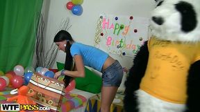 Huge dude wearing teddy costume sticks out his dick to drill birthday girl