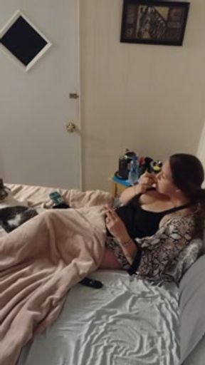 Smoking and chilling in my black sexy night dress with a Latino roommate part 3