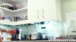 Busty Venus Luxx and another TS drizzle their cum on their dinner