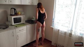 Young Russian Wife with Big Natural Tits Fucked on the Cooker