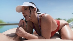 Curvaceous pornstar Angela White blows and rides tattooed dude by the pool