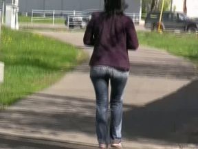 Shameless chick on the bus stop pisses in her jeans