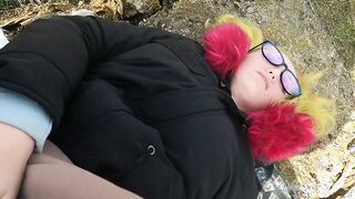 rough anal sex on the street with a adorable green-haired women inside a jacket with glasses cum on her face