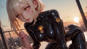 vega stone holds her ground above the city, muscles set, the orange sky igniting her fierce stare - ai generated