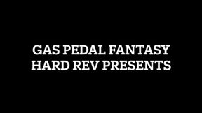 Step-sister in leopard print elongated pointy high heel pumps and black tights rev gas pedal of Toyota Corolla to the floor