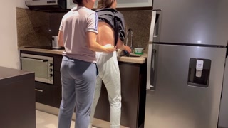 Wife fucked hard with tongue while washing dishes in the kitchen, getting her to cum before her step