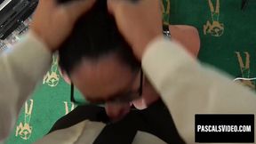 Horny chick gagged while being pounded in doggy style