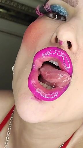 Big-lipped Bimbo with Glossy Lipstick Eats Ice Cream