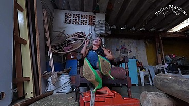 Cranking chainsaw and smoking