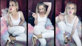 Your flip Flop Queen smokes marlboro 100 in white birkenstock