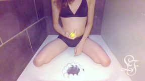 tgirl lina fills her ass with golf balls in the shower!