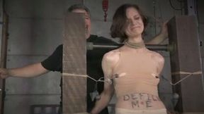 Bounded lady with flat chest bounded and toyed by two masters