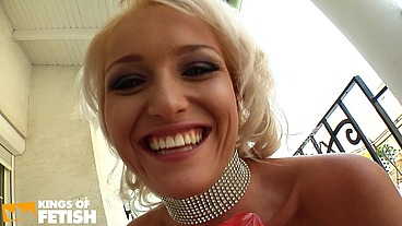 Three blonde girls fuck their tight holes with toys outdoor