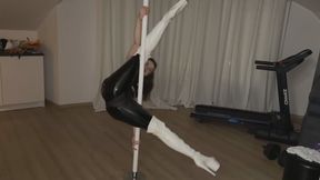 Poledance in leather and sexy high boots