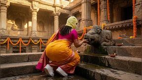 Indian Girl with Massive Ass Touching Ancient Statue