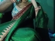 Indian Gay Crossdresser Gaurisissy pressing his boobs so hard and enjoying in green Saree