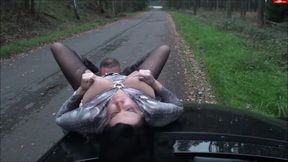 Busty German babe sucks cock in pantyhose on road