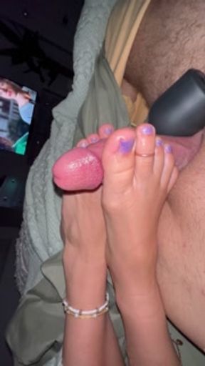 Teasing oiled foot job with pretty purple toes, cock ring and massage wand