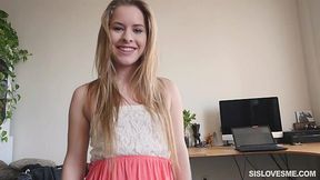 Pretty teen stepsister Lilly Ford is sucking and riding her stepbrother's cock in POV