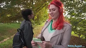 Brunette babe gives a sloppy blowjob in public before a hot FFM threesome
