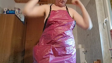Hair dye apron with sexy latex gloves and hairy armpits